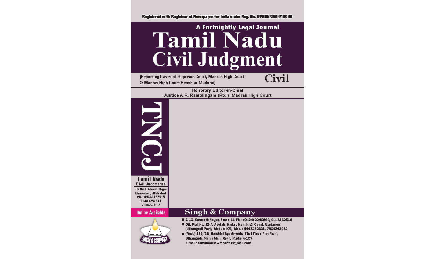 Tamil Nadu Civil Judgment  (Online law Journal)   Yearly Subscription for Year 2019