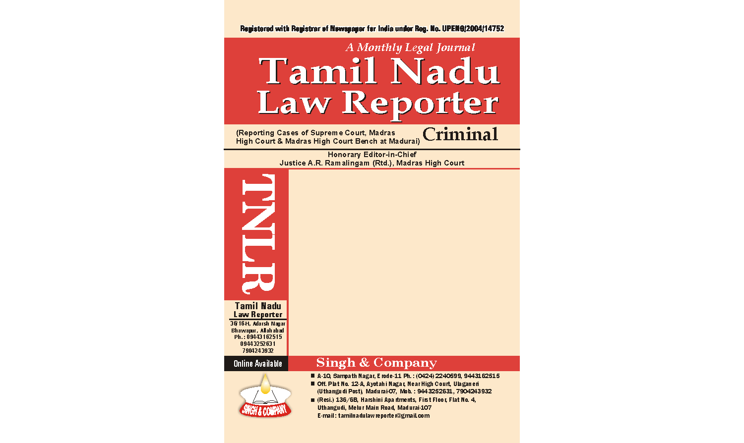 Tamil Nadu Law Reporter (online law journal) Yearly Subscription for Year 2019